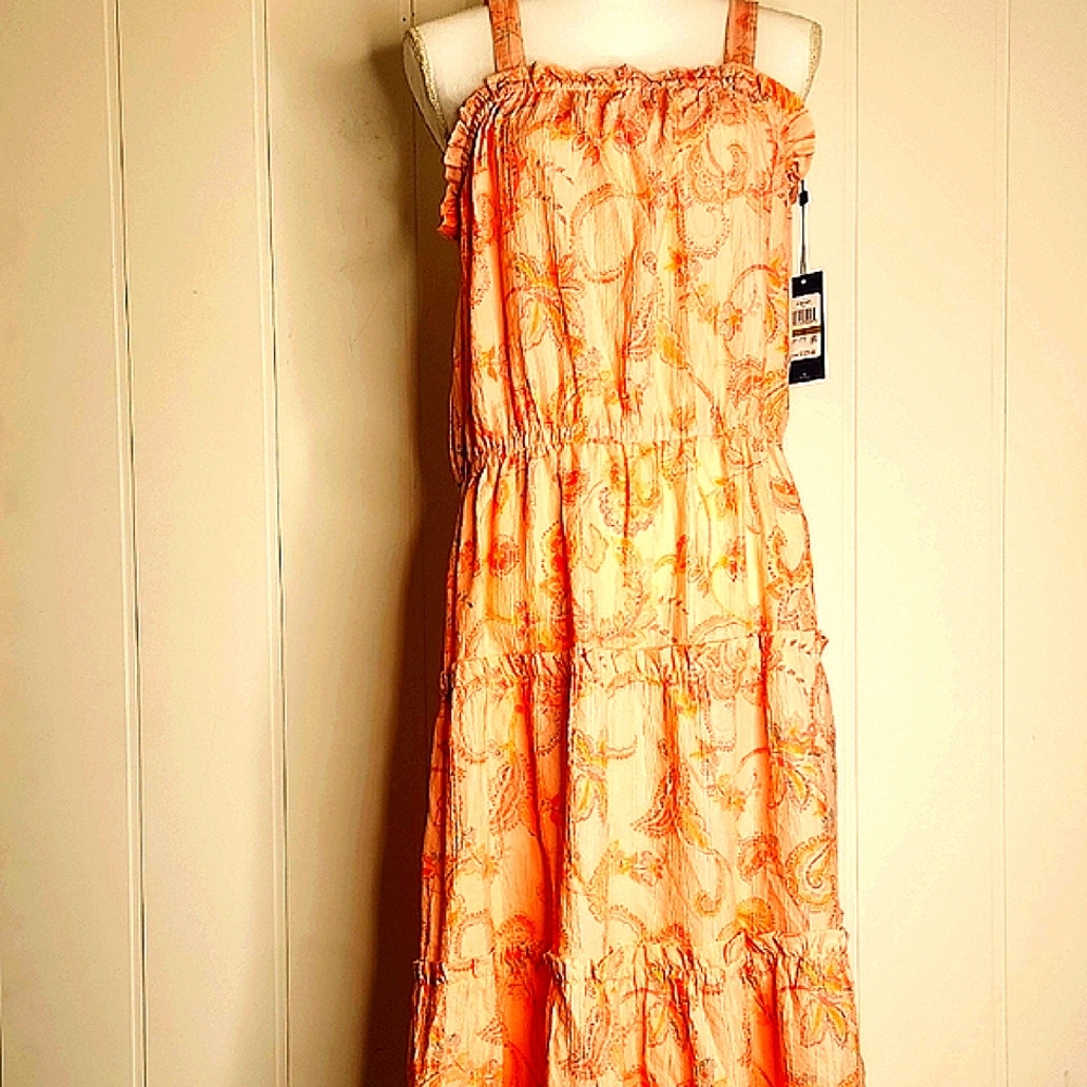 TOMMY HILFIGER peach Tiered Ruffle Paisley Print Boho Flowy Boho Maxi Dress